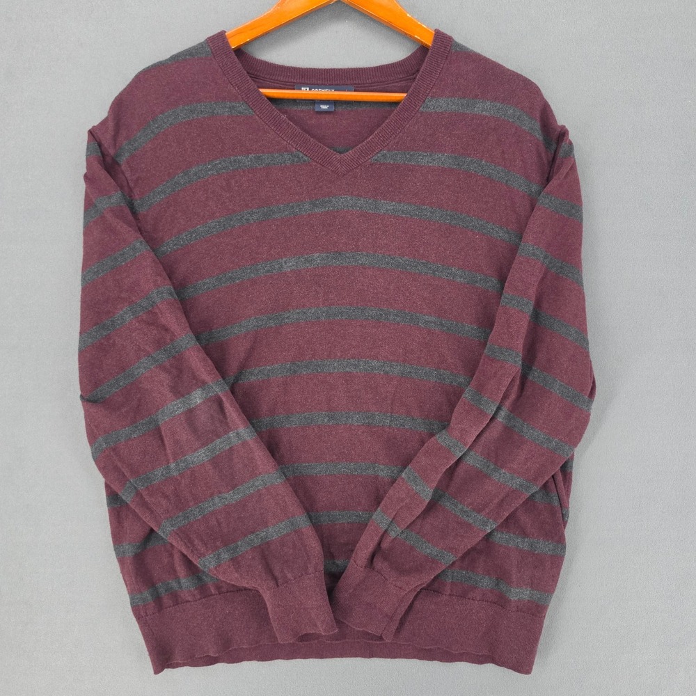 Cremieux Classics Mens V-Neck Sweater Large Burgundy Gray Striped Silk Blend